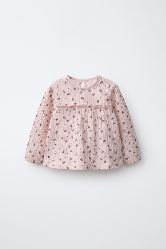 GETEXTUREERD T-SHIRT MET BLOEMEN - PASTELROZE van Zara - Afbeelding 0