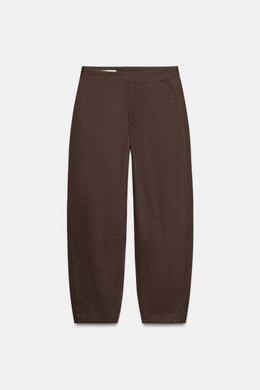 Zara HERRINGBONE BARREL PANTS - Dark brown