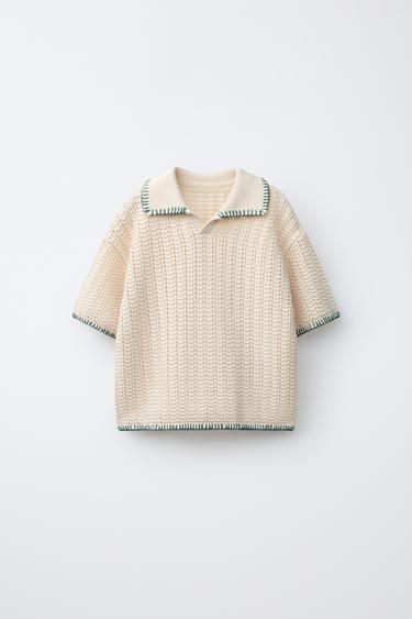 CONTRAST STITCH KNIT POLO SHIRT - Ecru / Green by Zara