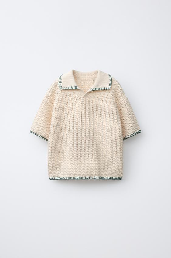 Net Tasker STRIKKET POLOSHIRT MED STIKNINGER - Ecru / Green | ZARA Danmark