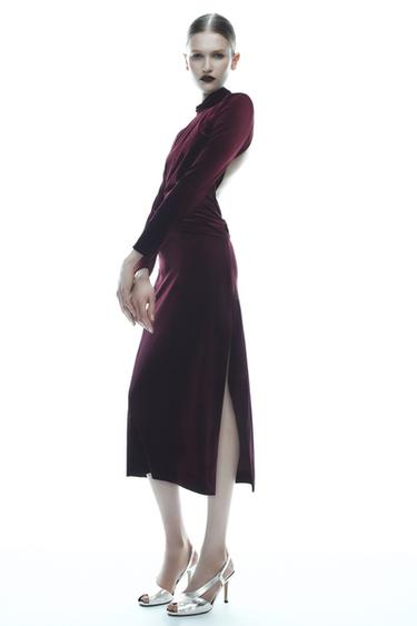 Zara DRAPED VELVET DRESS ZW COLLECTION - Burgundy