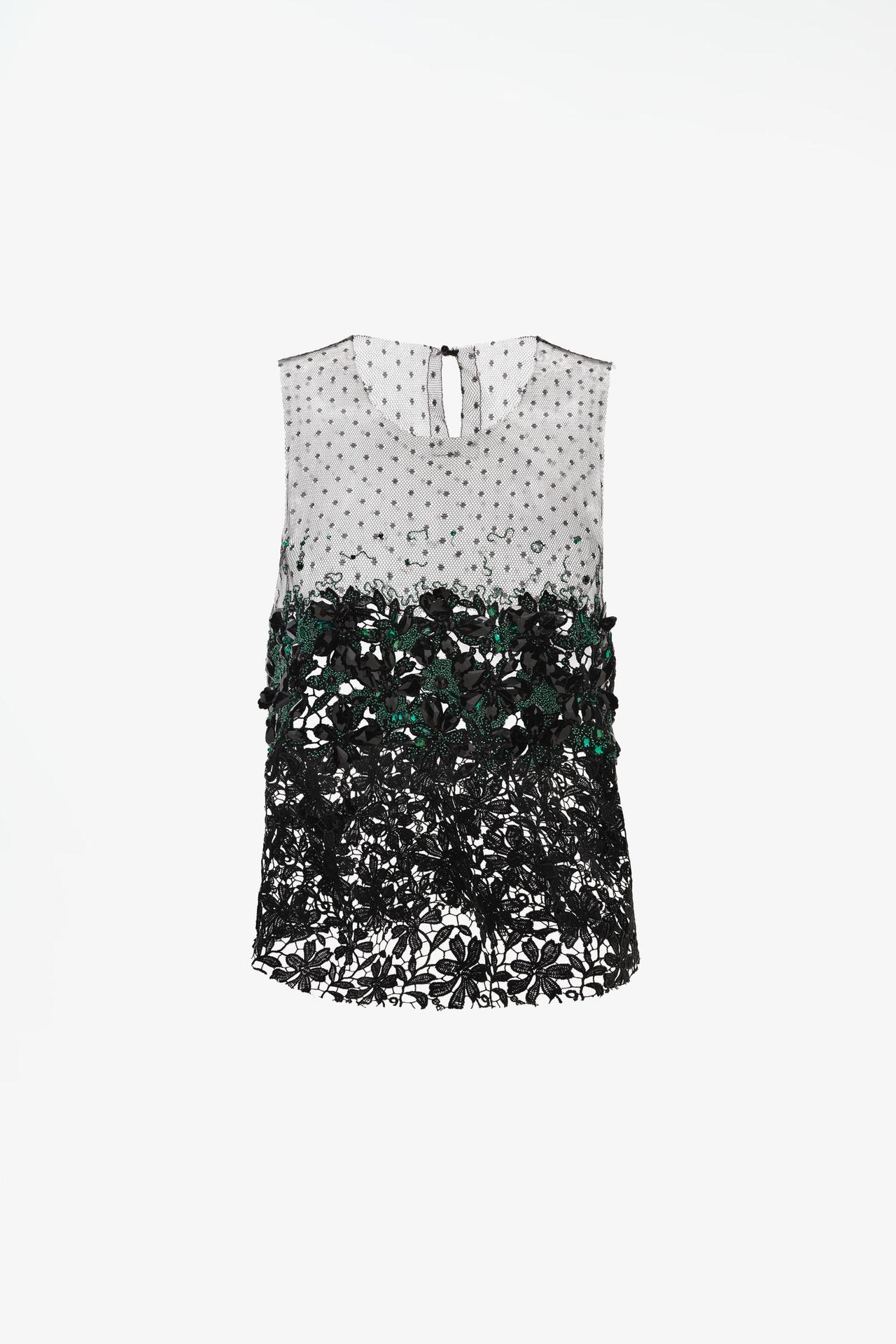 LIMITED EDITION JEWELED GUIPURE TOP — Black