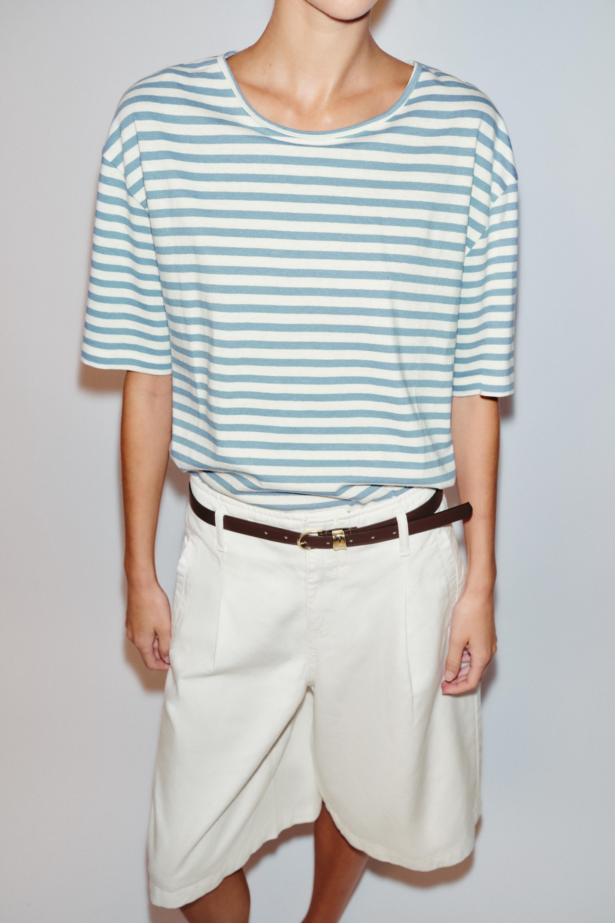 STRIPED SHORT SLEEVE T-SHIRT — Ecru / Blue