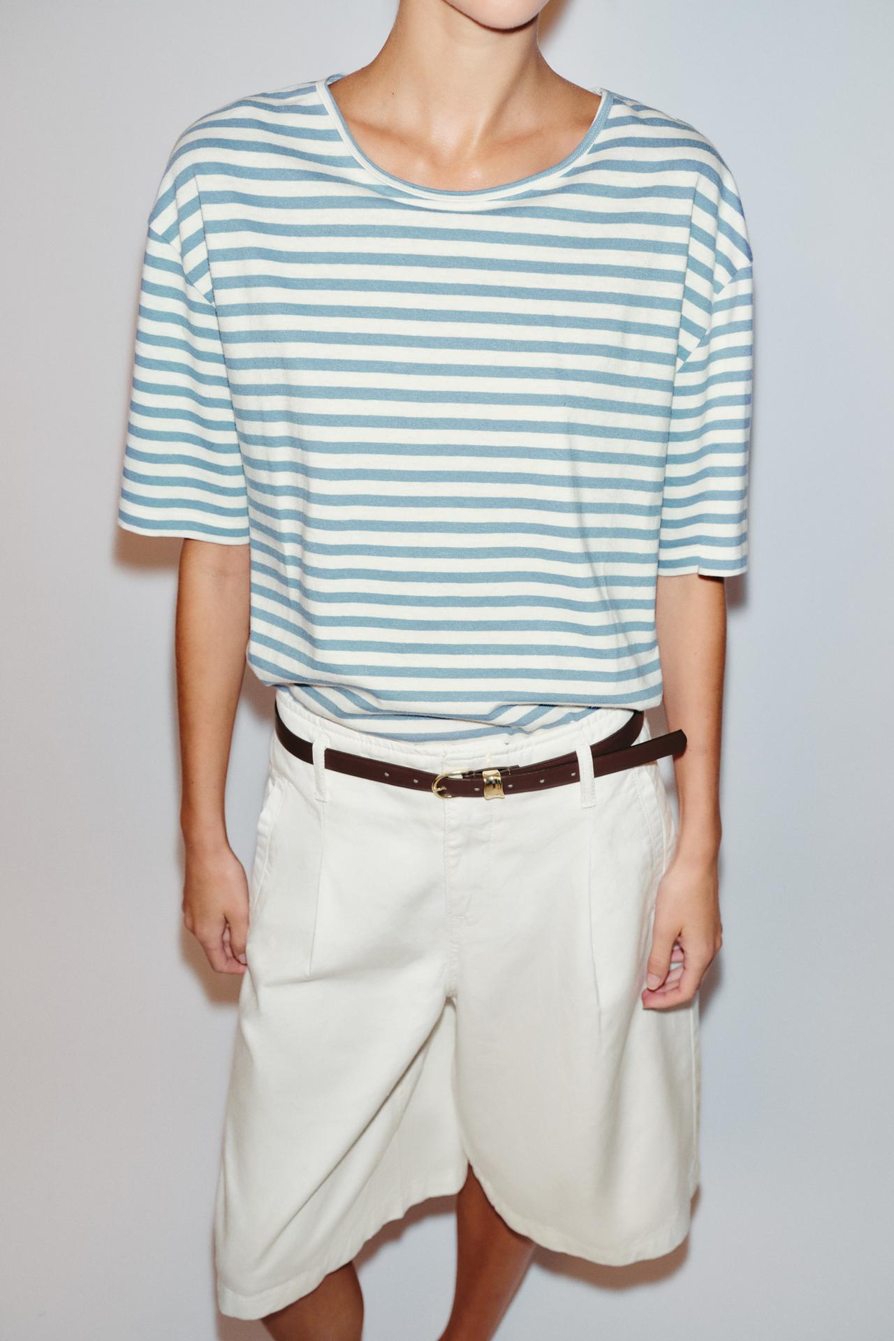 STRIPED SHORT SLEEVE T-SHIRT — Ecru / Blue