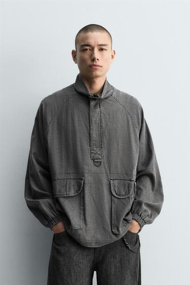 Zara VISCOSE LINEN BLEND POLO OVERSHIRT - Gray