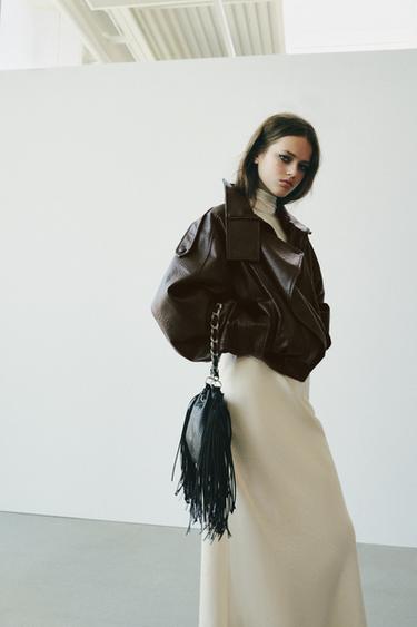LEATHER EFFECT BIKER JACKET - Brown by Zara