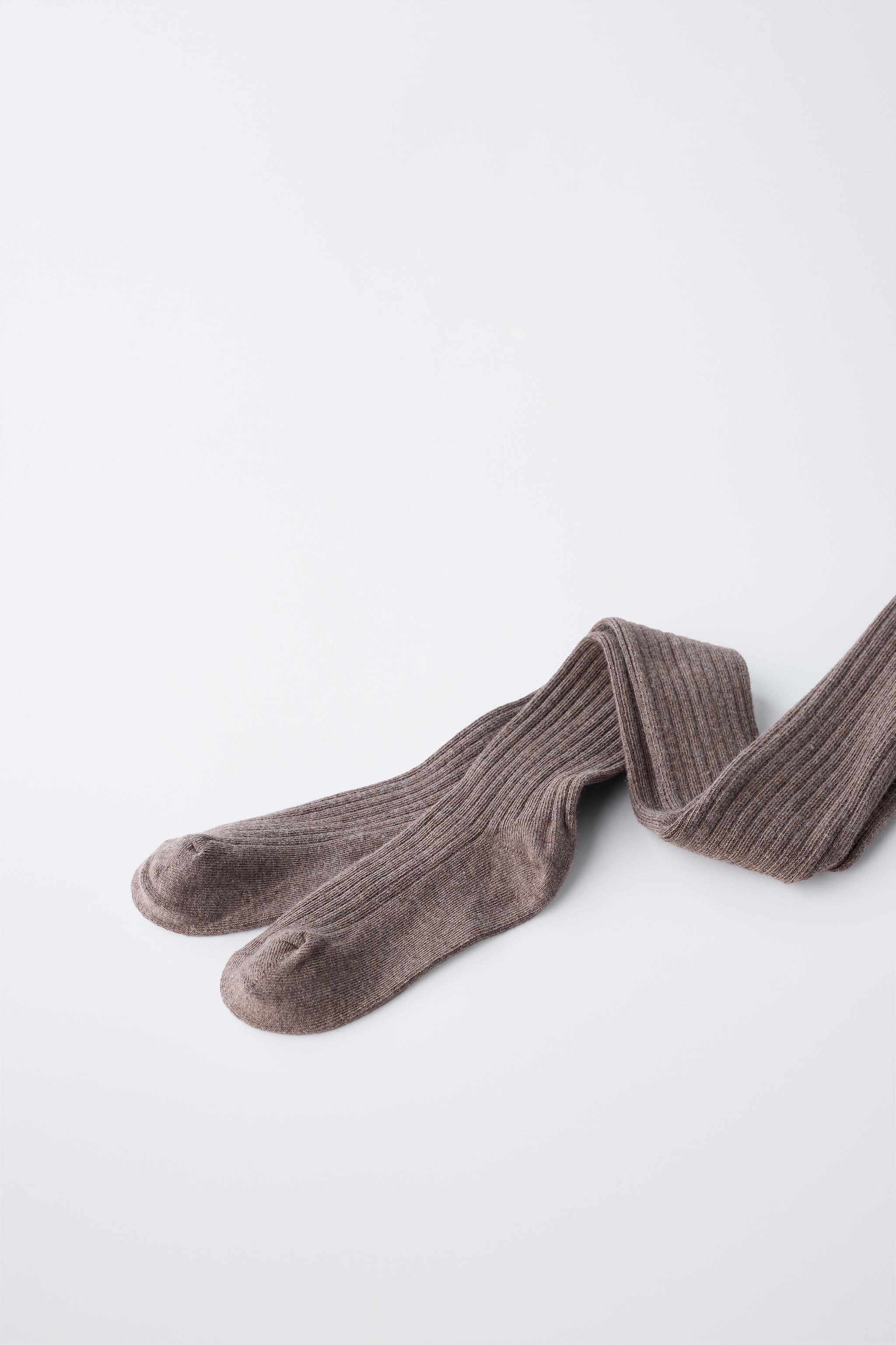 PLAIN RIBBED TIGHTS — taupe brown