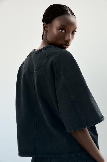 WASHED-EFFECT HEAVY COTTON T-SHIRT - Black by Zara - Image 4