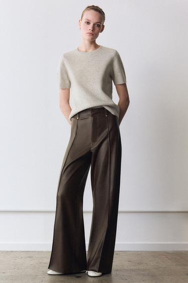 ZW COLLECTION WIDE LEG FAUX LEATHER TAILORED TROUSERS - Brown by Zara