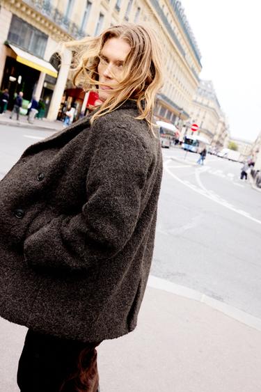 Zara BOUCLÉ DOUBLE-BREASTED MID-LENGTH COAT - Dark brown