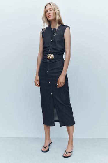 VESTIDO Z1975 MIDI DENIM DRAPEADO COM CINTO - Índigo da Zara