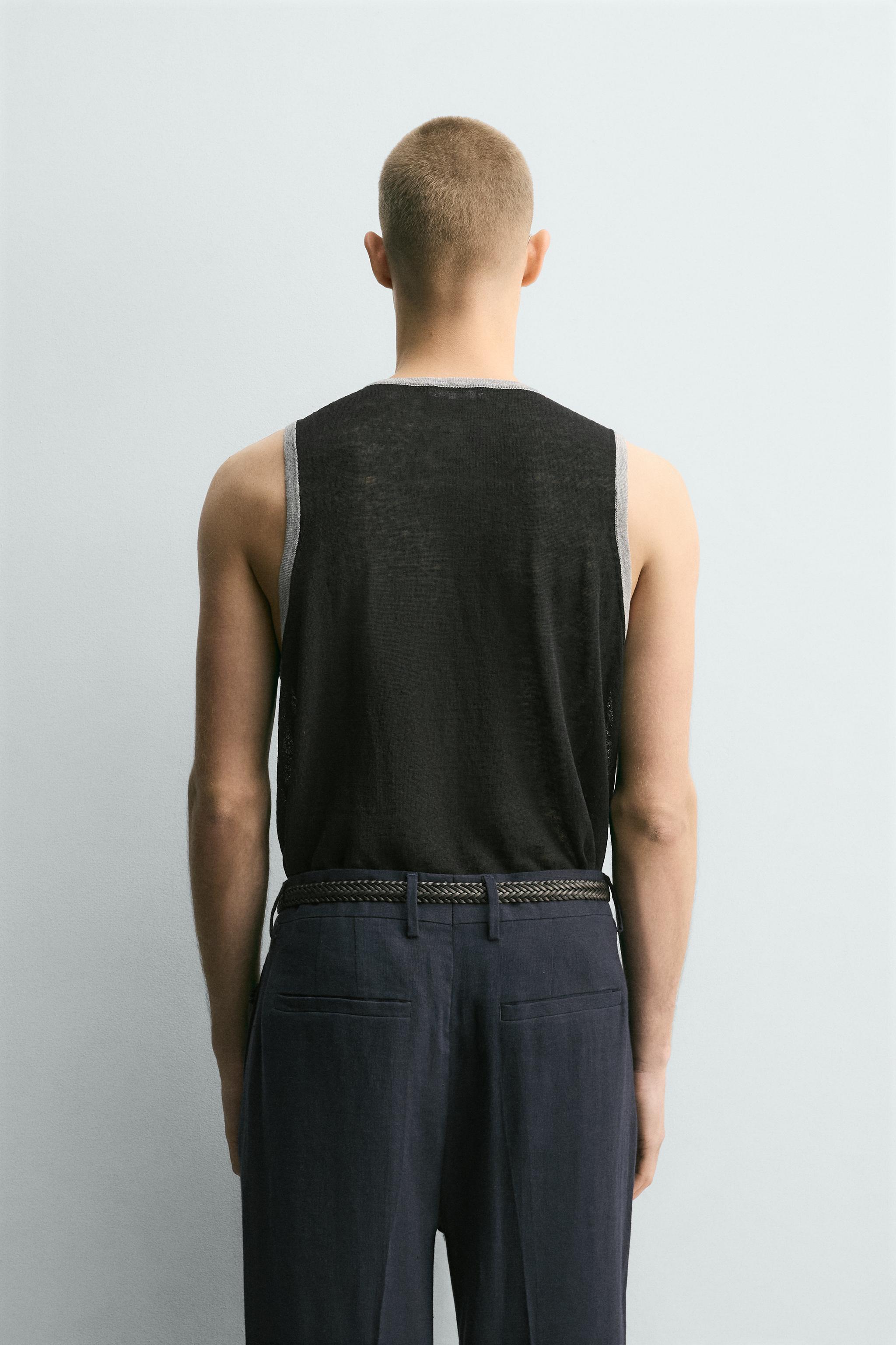 CONTRASTING LINEN BLEND KNIT TANK TOP