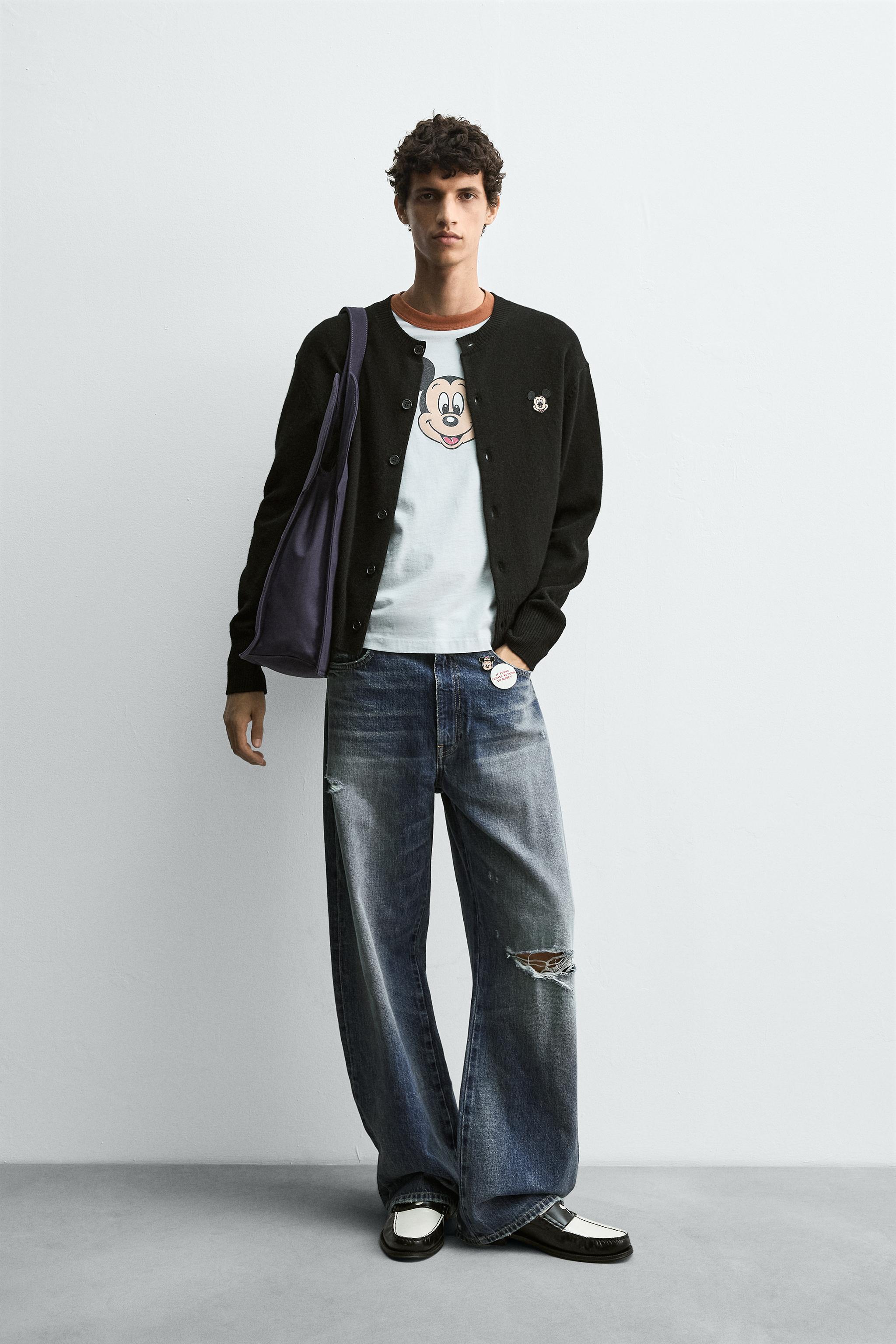 【リピーター割引】DENIM DUNGAREE ミッキー カーディガン 美品デニム＆ダンガリーミッキーマウスアップリケ重ね着