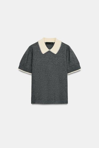 Zara SHORT SLEEVE LACE POLO JUMPER - Gray marl