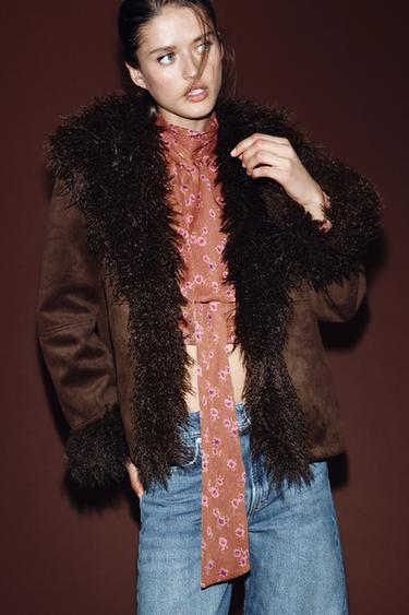 Zara DOUBLE-FACED FAUX FUR JACKET - Brown