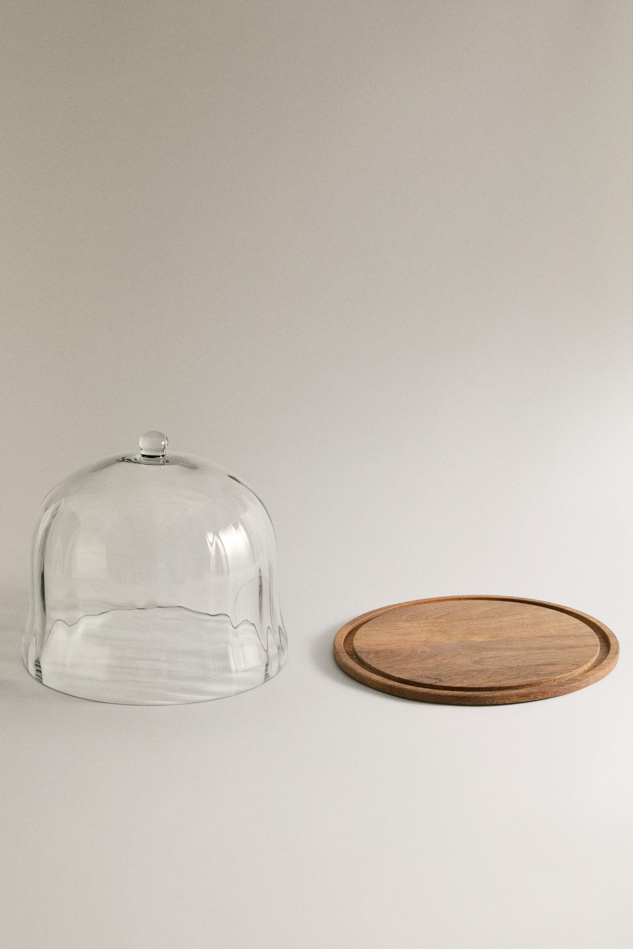 WOODEN CAKE STAND WITH GLASS DOME