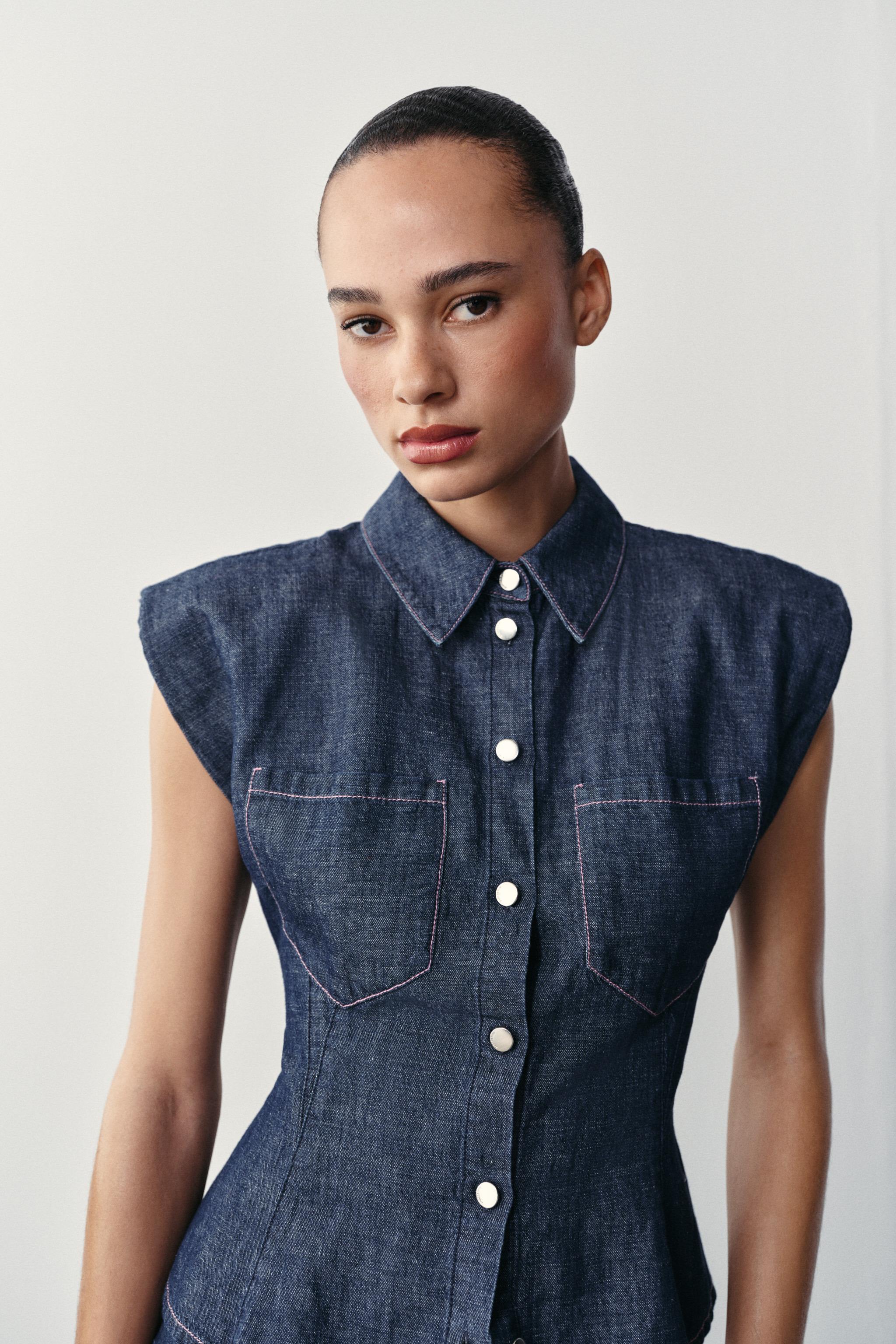 Zara VATKALI KETEN PEPLUM GÖMLEK görsel 3