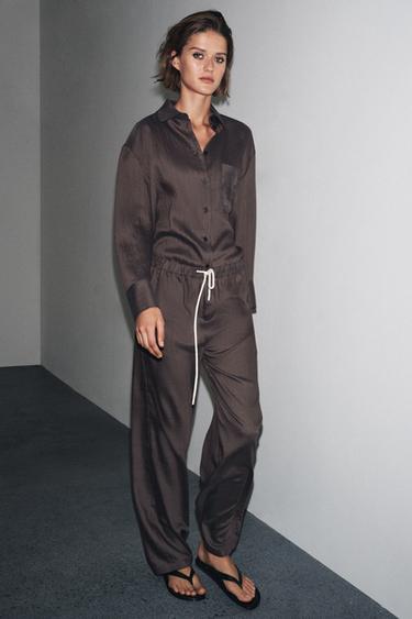 بنطلون طراز بيجامة مخطط ZW COLLECTION - بني شيكولاته الخاص بـ Zara