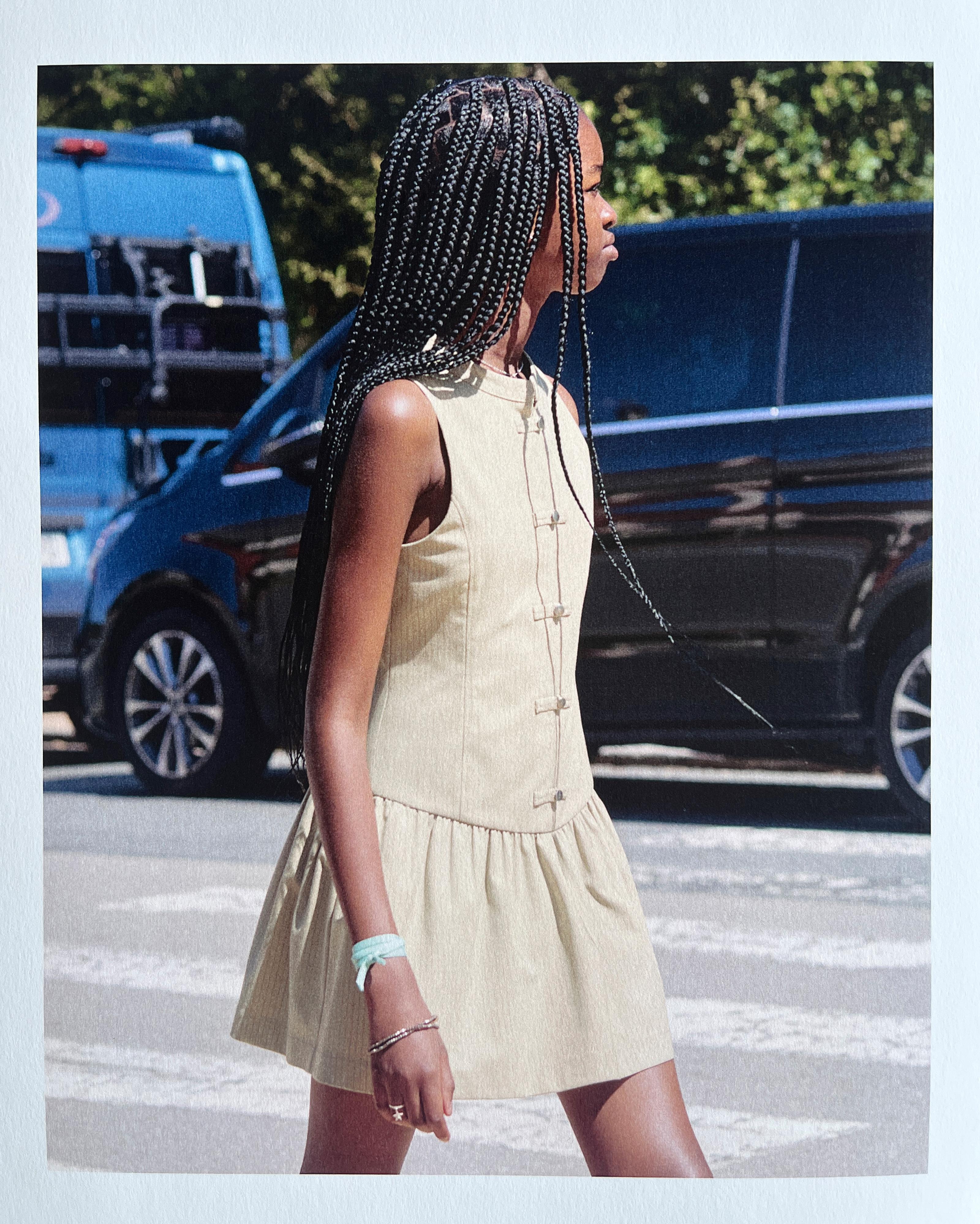 STRIPED DRESS WITH FROG FASTENINGS — Sand