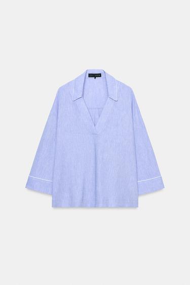 LINEN BLEND BLOUSE WITH PIPING - Light blue by Zara - Image 5
