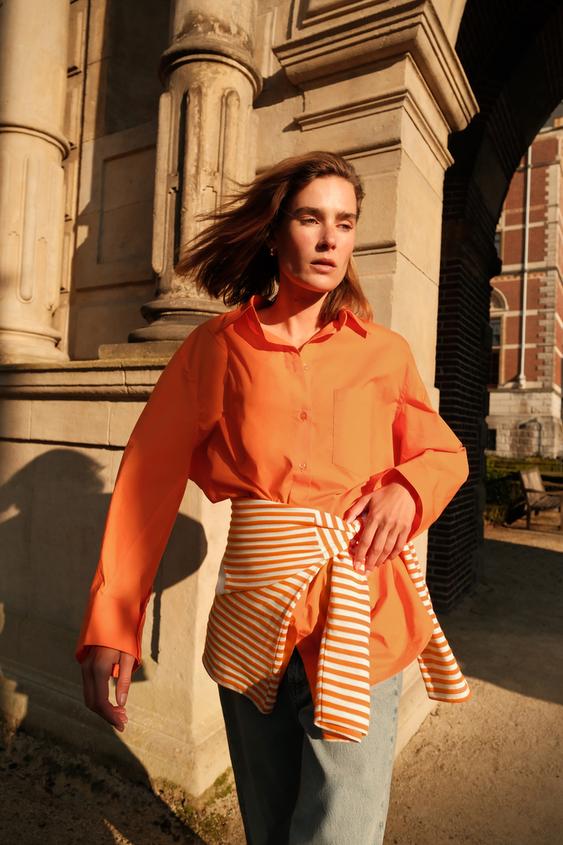 POPLIN SHIRT WITH PLEATS - Orange by Zara - Image 0