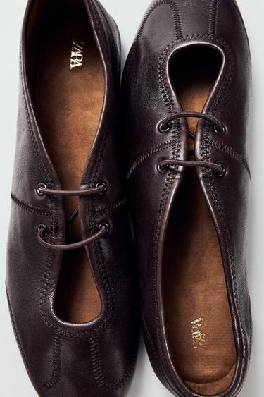 BALLERINE PELLE CON LACCI - Marrone di Zara