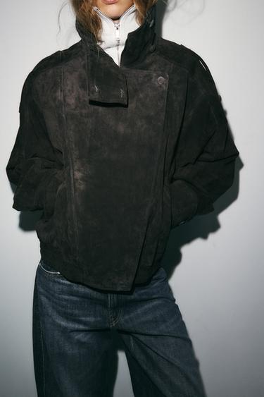 Zara 100% 麂皮騎士外套,配有包覆式鈕扣 - 碳色