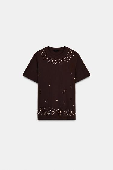 Zara SHORT SLEEVE PEARL T-SHIRT - Brown