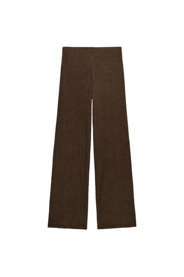 Zara TEXTURED STRAIGHT LEG PANTS - Dark brown