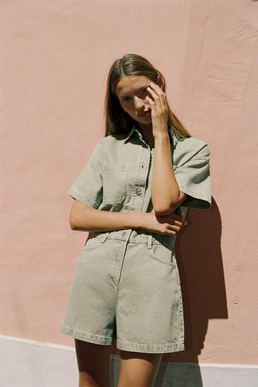 Z1975 SHORT SLEEVE DENIM PLAYSUIT - Khaki by Zara