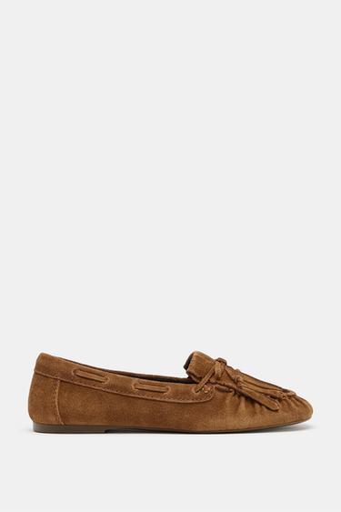 SUEDE LOAFERS WITH FRINGE - Dark tan by Zara - Image 0