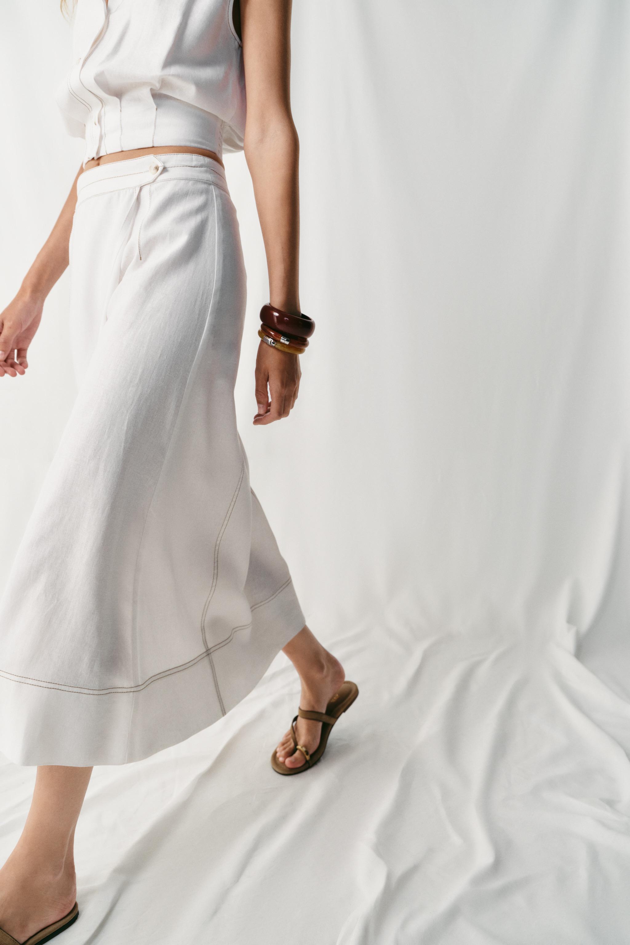 Zara KETEN KARIŞIMLI KONTRAST DİKİŞLİ ANVELOP ETEK görsel 5