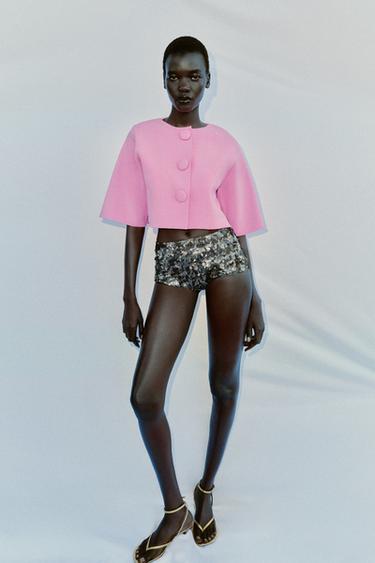 УКОРОЧЕННЫЙ КАРДИГАН С ОБТЯЖНЫМИ ПУГОВИЦАМИ — РОЗОВЫЙ от Zara — изображение 0