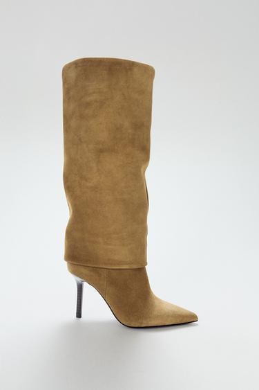 SPLIT SUEDE HEELED BOOTS - Sand Brown by Zara