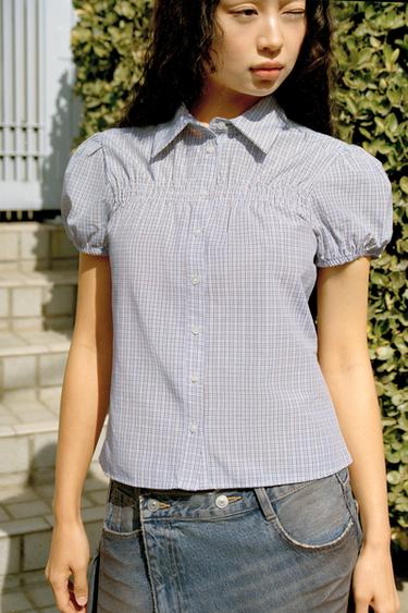 CAMISA CUADROS POPELÍN ELÁSTICO - Marrón-Azul de Zara