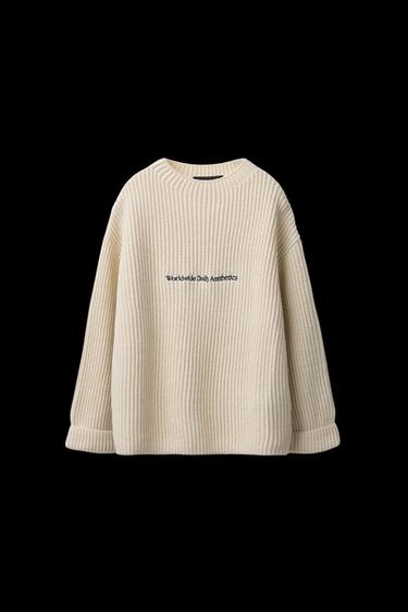 Zara EMBROIDERED TEXT KNIT SWEATER - Ecru - Image 0