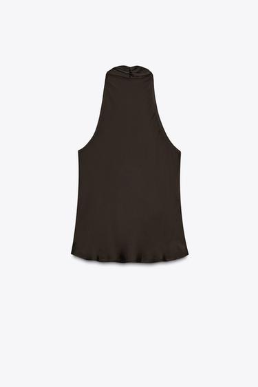 SATIN TOP WITH FRINGING - Brown by Zara