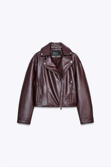 Zara FAUX LEATHER CROP BIKER JACKET - Burgundy - Image 0