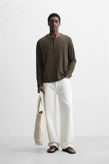 COTTON-LINEN T-SHIRT WITH BUTTON NECK - Dark green by Zara - Image 0