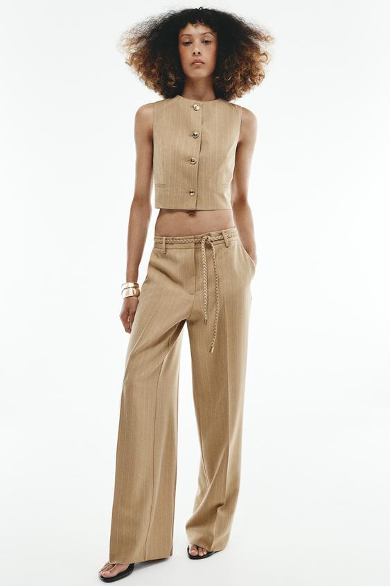 PANTALÓN RAYAS CINTURÓN - Camel oscuro de Zara - Imagen 0