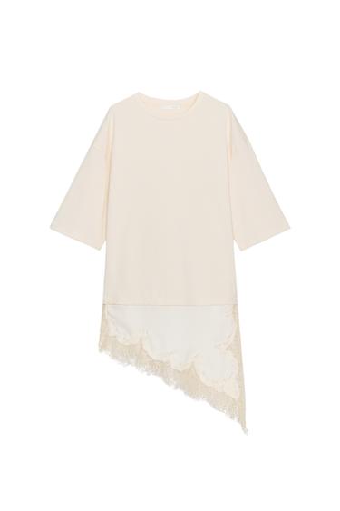Zara COMBINATION LACE T-SHIRT - Ecru