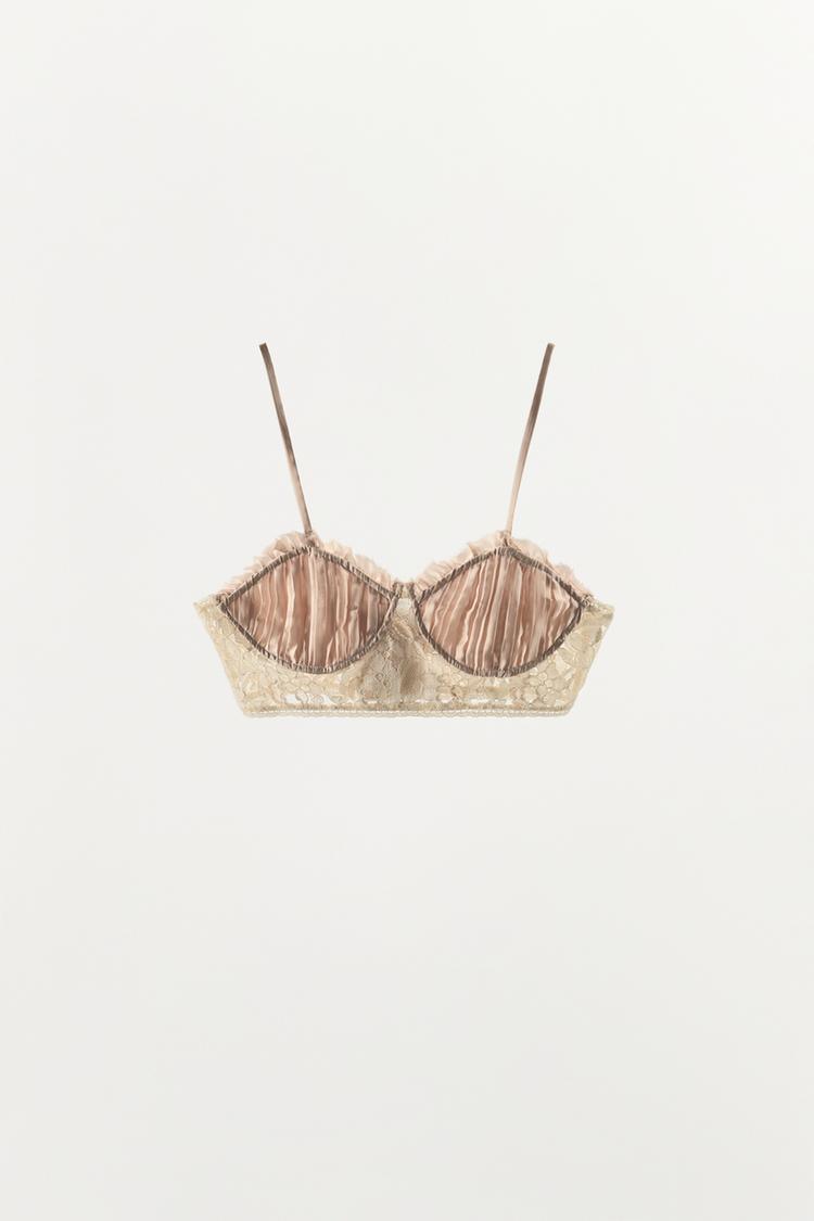 PLEATED LACE BRA — Pink