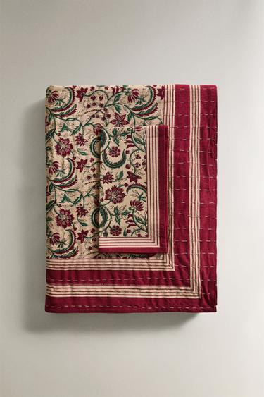 FRAMED FLORAL COTTON CHRISTMAS TABLECLOTH - Light beige by Zara