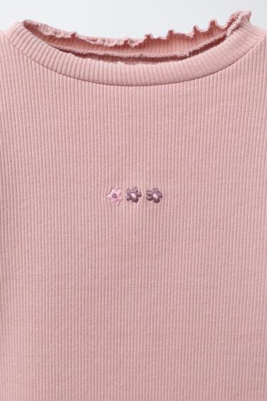 RIBBED T-SHIRT WITH EMBROIDERED DETAIL - Light pink by Zara - Image 2