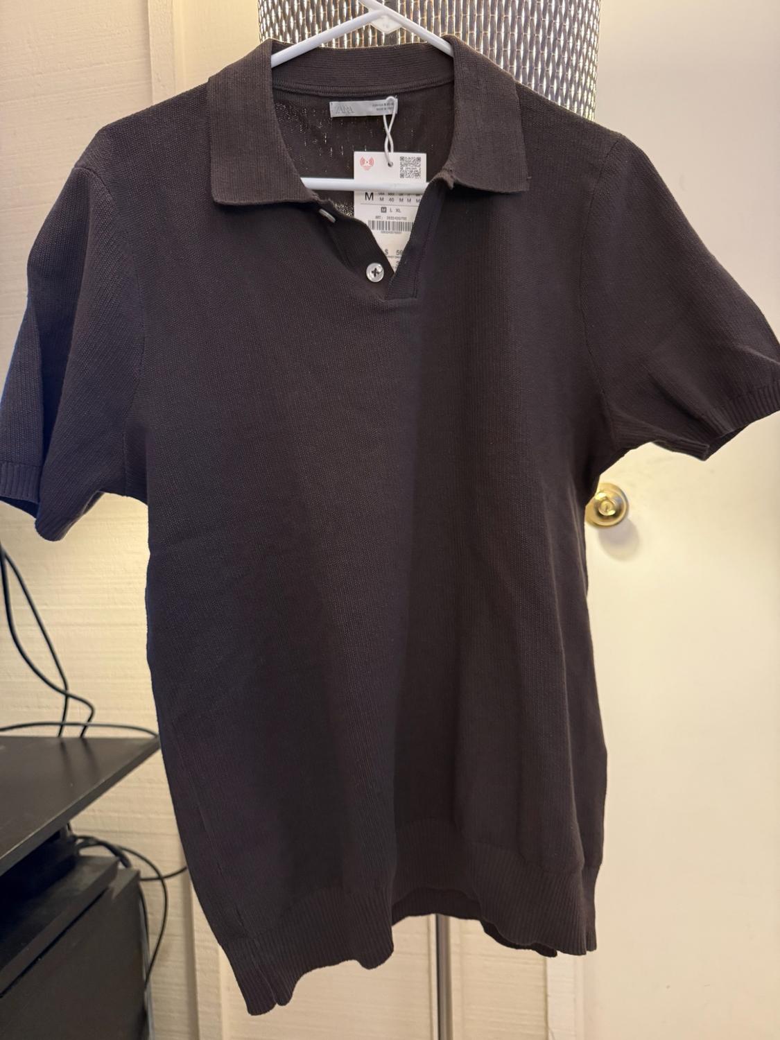 Dark brown short-sleeved polo shirt hanging on a white hanger. Buttoned collar and labels with the text ZARA and M. Room background.