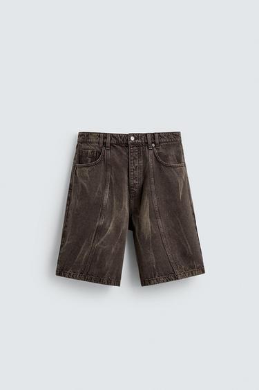 Zara BAGGY FIT DENIM SHORTS - Brown