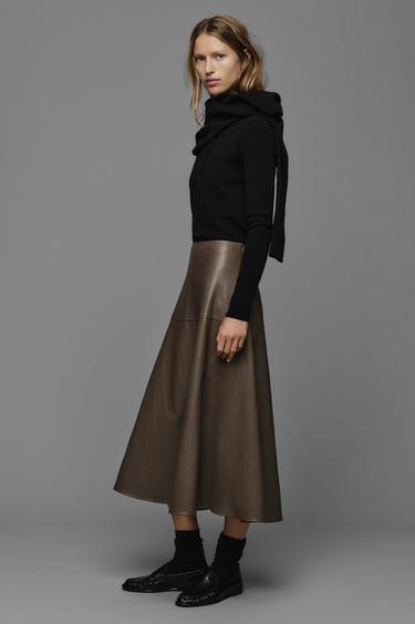LEATHER EFFECT MIDI SKIRT - Brown / Taupe by Zara