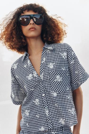 CHEMISE À CARREAUX BRODÉS - Bleu marine / Blanc de Zara - Image 5