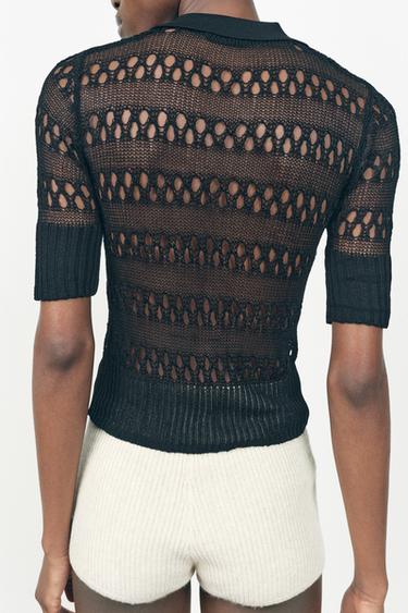 OPEN KNIT POLO TOP - Black by Zara - Image 2