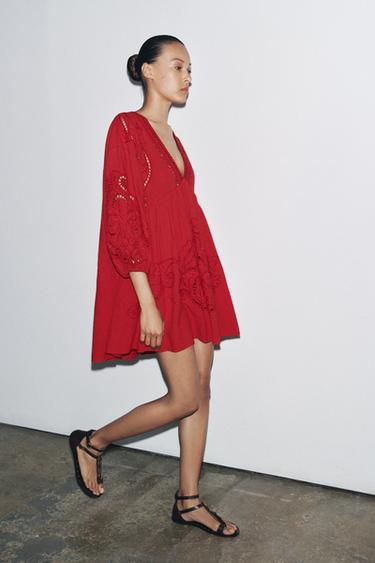 ZW COLLECTION EMBROIDERED SHORT DRESS - Red by Zara - Image 4